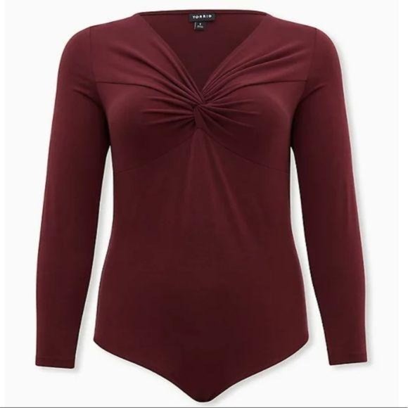 BURGUNDY PURPLE STUDIO KNIT TWIST FRONT BODYSUIT - Picture 6 of 6